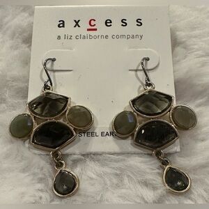 Access pierced wire earrings.  Gold with light & dark green stones.